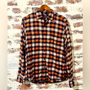 J. Crew Flannel Shirt Men’s Button-down Orange Blue Plaid Long Sleeve Size M